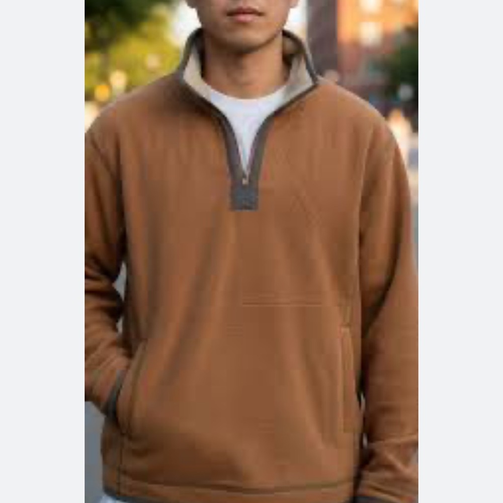 Men’s Brown Faux Suede Quarter-Zip Pullover with Sherpa Lining - Size M